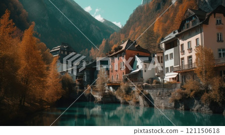 Beautiful old town surrounded by mountains view. Generative AI 121150618