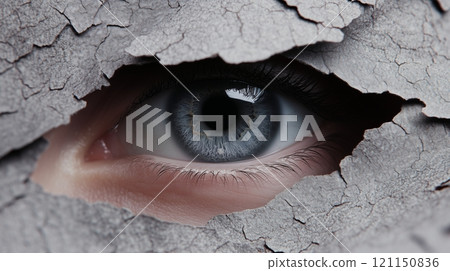 A close-up of a blue eye peering through a cracked, weathered surface 121150836