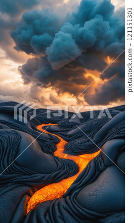Molten lava flows through rugged volcanic terrain under dramatic storm clouds, AI 121151301