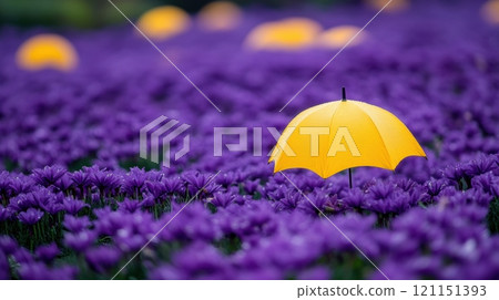 Yellow umbrella stands out among vibrant purple flowers, creating a striking contrast, AI 121151393