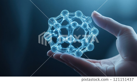 Molecular structure model held by a hand, showcasing scientific innovation, AI 121151437