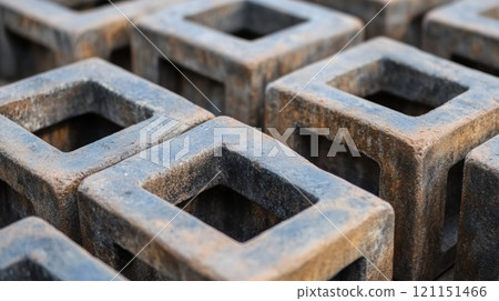 Square concrete blocks arranged in a grid pattern, showcasing industrial design, AI 121151466