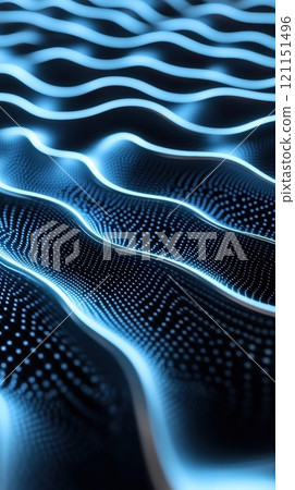Wavy blue neon lines create an abstract digital landscape with a futuristic feel, AI 121151496