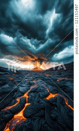 Volcanic eruption with dramatic clouds and flowing lava creating a fiery landscape, AI 121151497