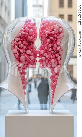 Two abstract sculptures filled with pink spheres face each other in an urban setting, AI Two abstract sculptures filled with pink spheres face each other in an urban setting, AI 121151510