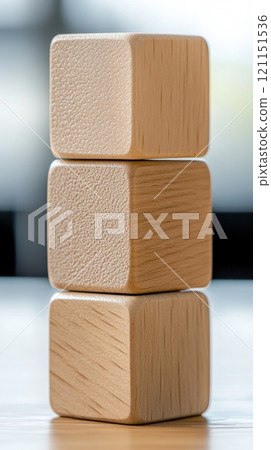 Stack of three wooden cubes on a smooth surface, showcasing texture and grain, AI 121151536