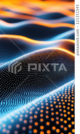 Waves of glowing blue and orange dots create a dynamic digital landscape, illustrating futuristic technology and data flow concepts, AI 121151545