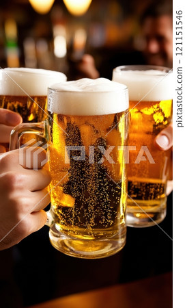 Three frothy beer mugs clinked together in a celebratory toast at a lively bar, AI 121151546