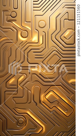 Golden circuit board pattern with glowing lines and geometric shapes, creating a futuristic and technological aesthetic, AI 121151560
