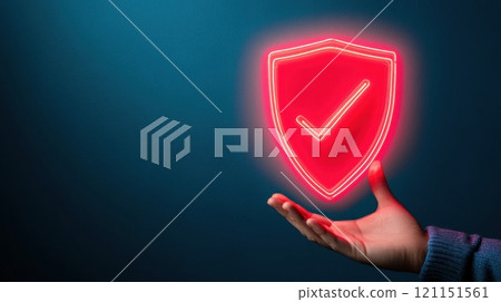 Shield icon with checkmark glows in red neon, symbolizing security and protection, AI Shield icon with checkmark glows in red neon, symbolizing security and protection, AI 121151561