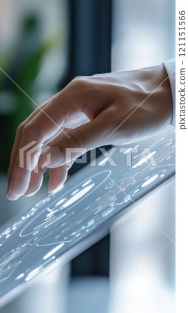 Hand interacting with futuristic digital interface, showcasing advanced technology, AI 121151566