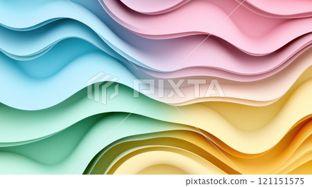 Colorful abstract waves in pastel shades of blue, pink, green, and yellow create a soothing and dynamic visual effect, AI 121151575
