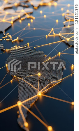 Caption Digital world map with glowing network connections highlighting global communication, AI 121151576