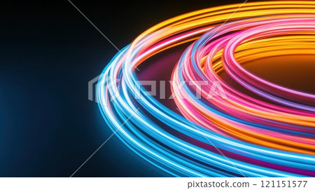 Colorful neon light trails form dynamic circular patterns on a dark background, AI 121151577