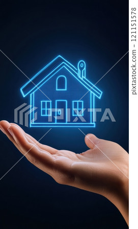 Hand holding a glowing digital house icon, symbolizing modern smart home technology, AI 121151578