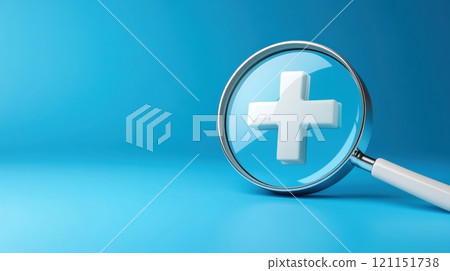 Magnifying glass focusing on a white medical cross symbol against a blue background, AI 121151738