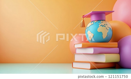 Graduation cap on globe atop stacked books symbolizes global education themes, AI 121151750