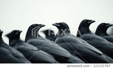 Crows perched closely together, showcasing their glossy black feathers and sharp beaks, AI 121151767