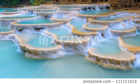 Terraced limestone formations with cascading turquoise water create a serene landscape, AI 121151818