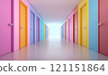 Colorful hallway with vibrant doors in a modern building, creating a playful and inviting atmosphere, AI 121151864