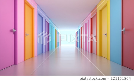 Colorful hallway with vibrant doors in a modern building, creating a playful and inviting atmosphere, AI 121151864