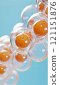 Molecular structure with orange spheres inside transparent bubbles on a blue background, AI 121151876