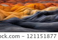 Colorful rock formations with vibrant orange, yellow, and gray layers create a stunning natural landscape, AI 121151877