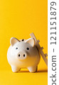 Piggy bank with wooden ladder on vibrant yellow background symbolizes financial growth, AI 121151879