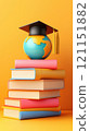 Graduation cap on globe atop colorful books symbolizes global education success, AI 121151882
