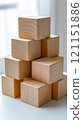 Wooden blocks stacked in a pyramid shape on a white surface, showcasing natural wood grain, AI 121151886