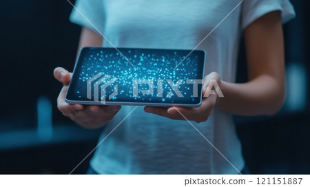 Tablet displaying a digital galaxy held by a person in a white shirt, AI 121151887