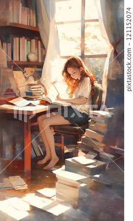 A girl surrounded by stacks of books and light | A quiet space for creation and learning A girl surrounded by stacks of books and light | A quiet space for creation and learning 121152074