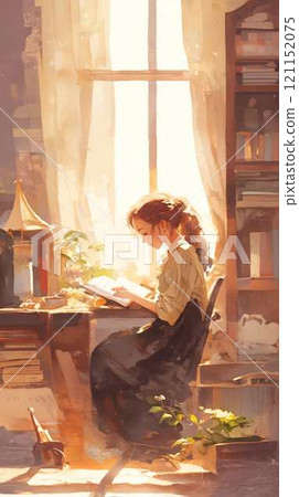 A girl engrossed in reading by the window | A quiet room surrounded by soft light and plants 121152075