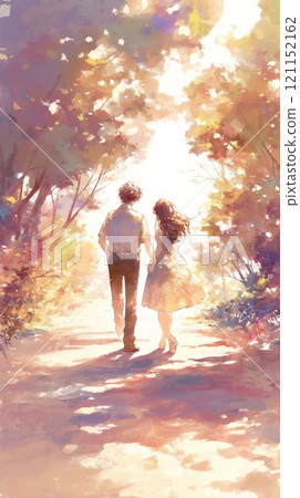 情侶牽手漫步在秋色的道路上| 日期 121152162