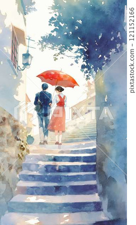 情侶撐著紅傘走在鵝卵石斜坡上| 浪漫| 約會| 121152166