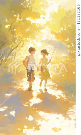 A boy and a girl walking hand in hand under a parasol in the summer sunshine | Youth | Nature | Romantic | Summer vacation A boy and a girl walking hand in hand under a parasol in the summer sunshine | Youth | Nature | Romantic | Summer vacation 121152169