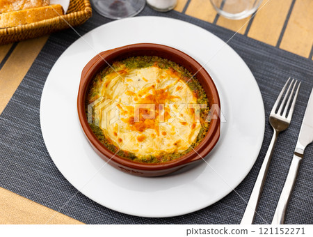 On wooden table traditional Italian dish is lasagna baked in oven under cheese crust. On wooden table traditional Italian dish is lasagna baked in oven under cheese crust. 121152271