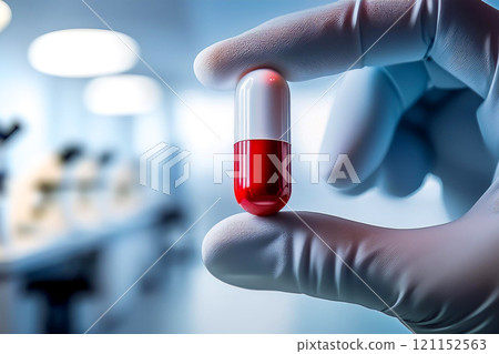 Medical Capsule in Laboratory: Gloved Hand Holding Red and White Pill, an AI-powered design tool, and further refined to meet high-quality standards 121152563
