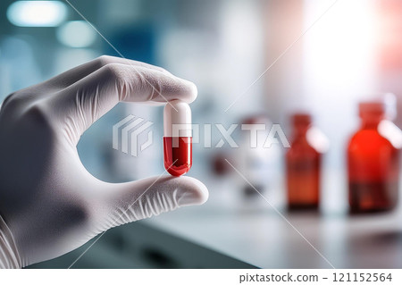 Medical Capsule in Laboratory: Gloved Hand Holding Red and White Pill, an AI-powered design tool, and further refined to meet high-quality standards 121152564