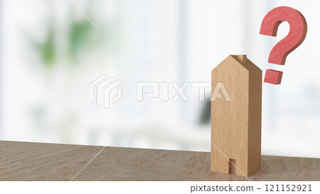 The wood  house and question mark for property concept 3d rendering. 121152921