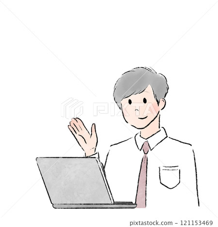 一名男性辦公室職員在筆記型電腦上線上交談的插圖 一名男性辦公室職員在筆記型電腦上線上交談的插圖 121153469