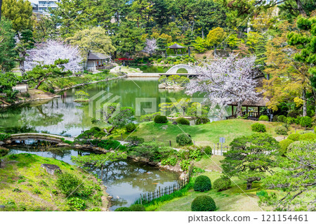 Hiroshima Shukkeien Garden in Spring - Sakuei Pond seen from Geikiho 121154461