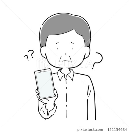 Senior man who is not good at operating smartphones Senior man who is not good at operating smartphones 121154684