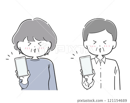 Set of smiling senior men and women holding smartphones 121154689