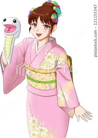 穿著粉紅色花和服的女孩與白色蛇木偶(全彩) 穿著粉紅色花和服的女孩與白色蛇木偶(全彩) 121155347