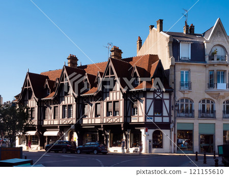 Streets of Reims with view of half-timbered building 121155610