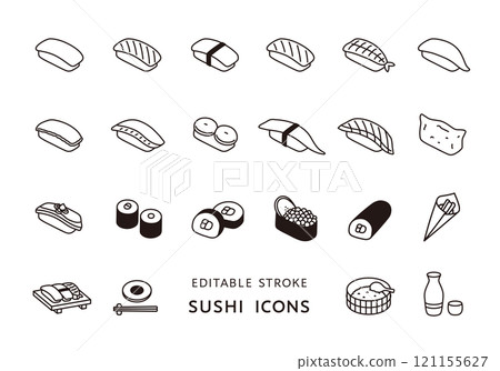 與壽司相關的圖標集（單色） 121155627
