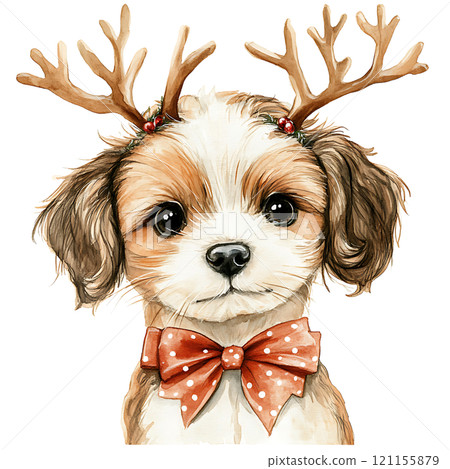 Cute dog with antlers and bow tie for holidays 121155879