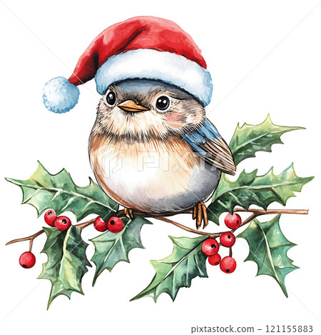 Cute bird in Santa hat on holly branch with berries 121155883