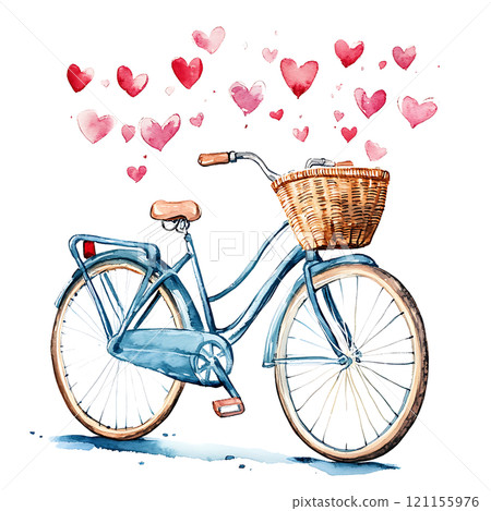 charming blue bicycle with basket surrounded by pink hearts 121155976